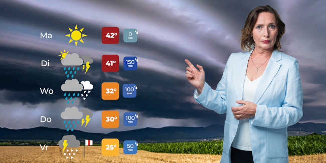 Weerpresentator Margot Ribberink wijst naar de voorspelling van de komende dagen met hete temperaturen en noodweer
